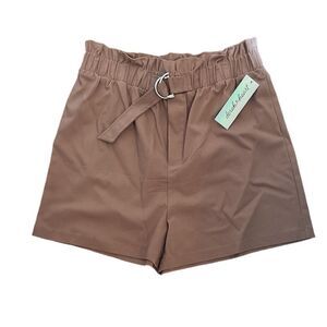 Derek Heart Paper Bag Cinched Stretchy High Waist Belted Tan Shorts Large L NWT